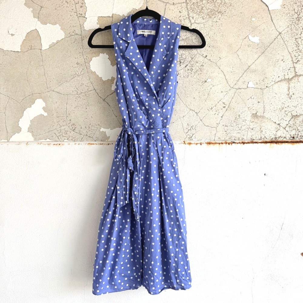 Vintage Polka Dot Dress Sleeveless Wrap Sun Dress Midi Tie Waist Periwinkle 4